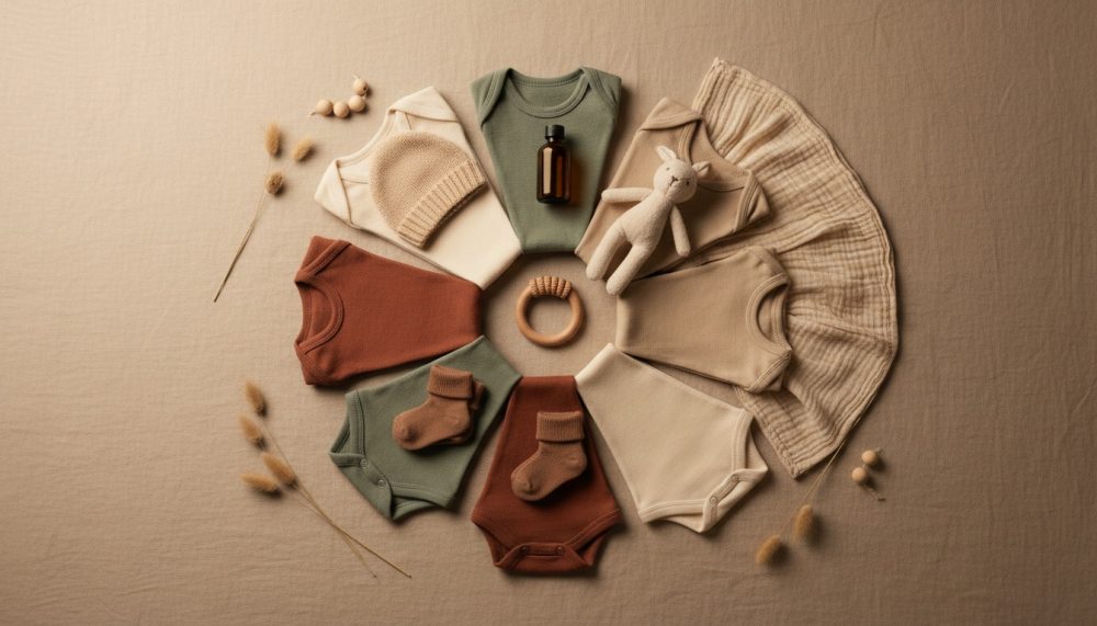 Conjunto de roupa e acessórios para bebé em tons neutros dispostos em círculo sobre fundo bege