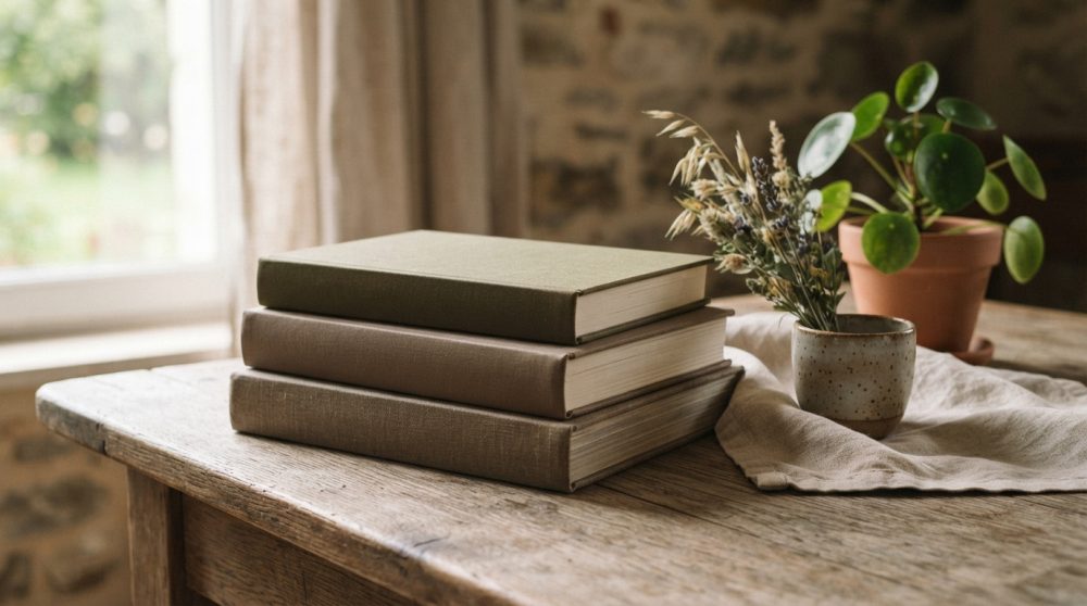 Três livros empilhados numa mesa de madeira com vasos de plantas e luz natural ambiente