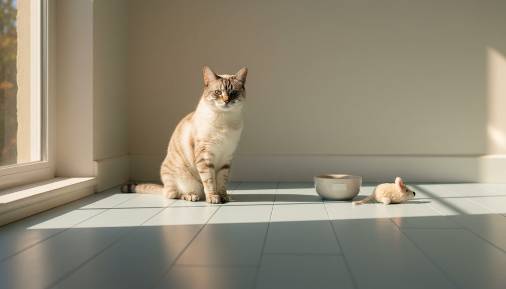 Gato siamês sentado no chão com comedouro e brinquedo de rato ao lado à luz natural