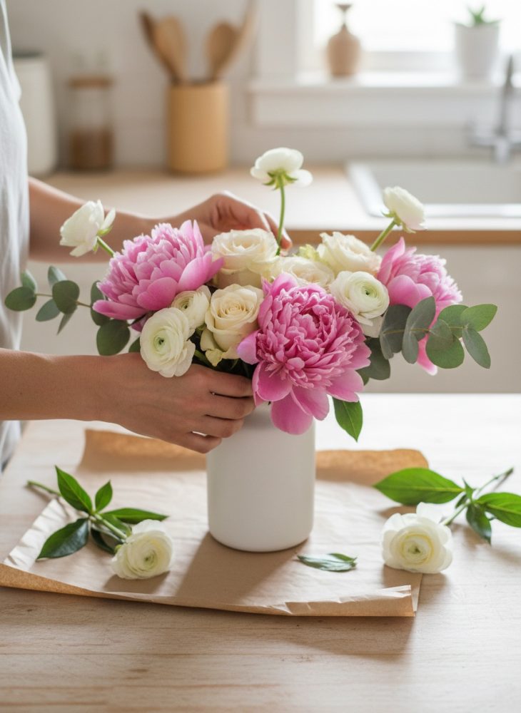 Mãos a arranjar flores rosa e brancas num vaso branco sobre mesa de madeira clara