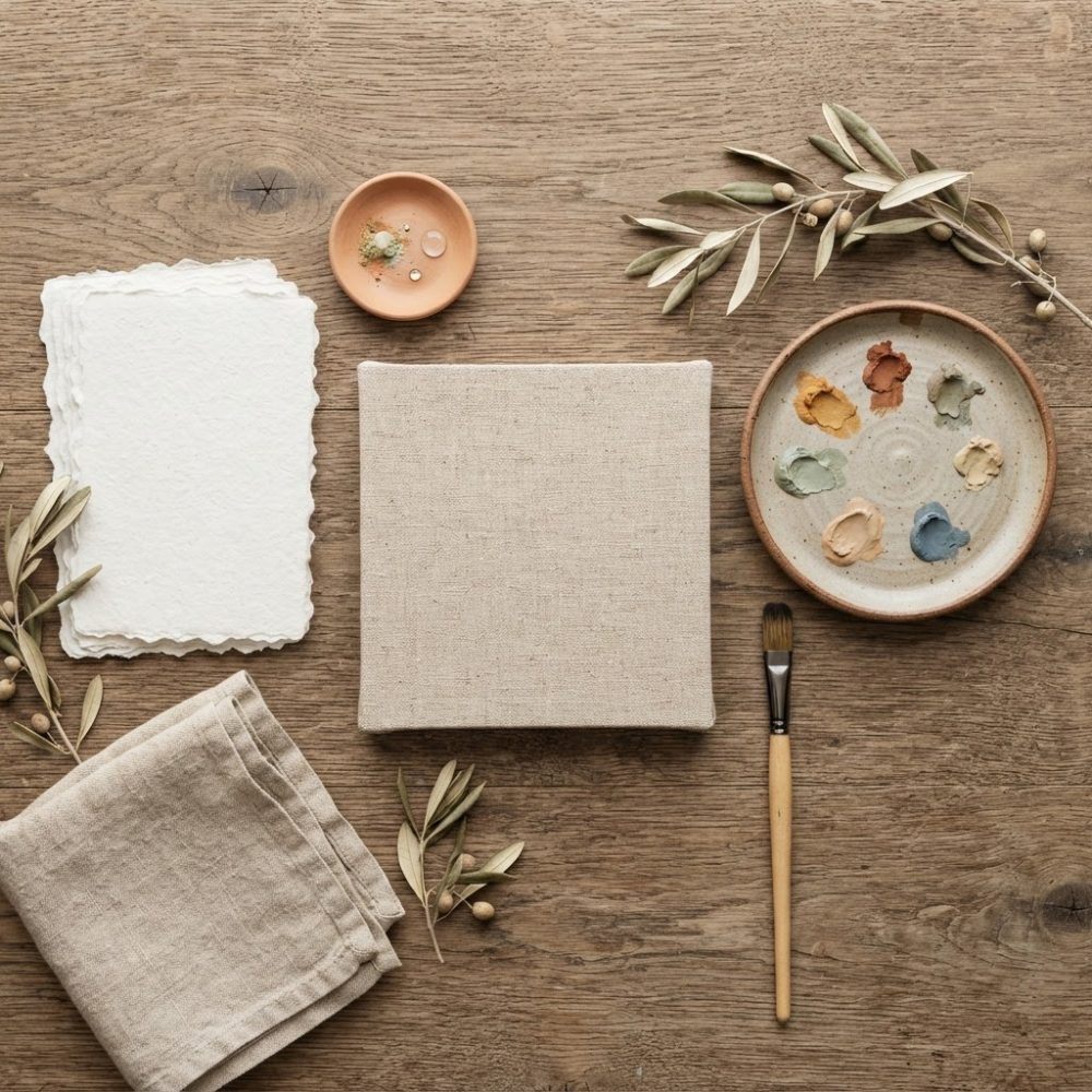 Mesa de madeira com tela, pincel, paleta de tintas e papel artesanal rodeados por folhas secas