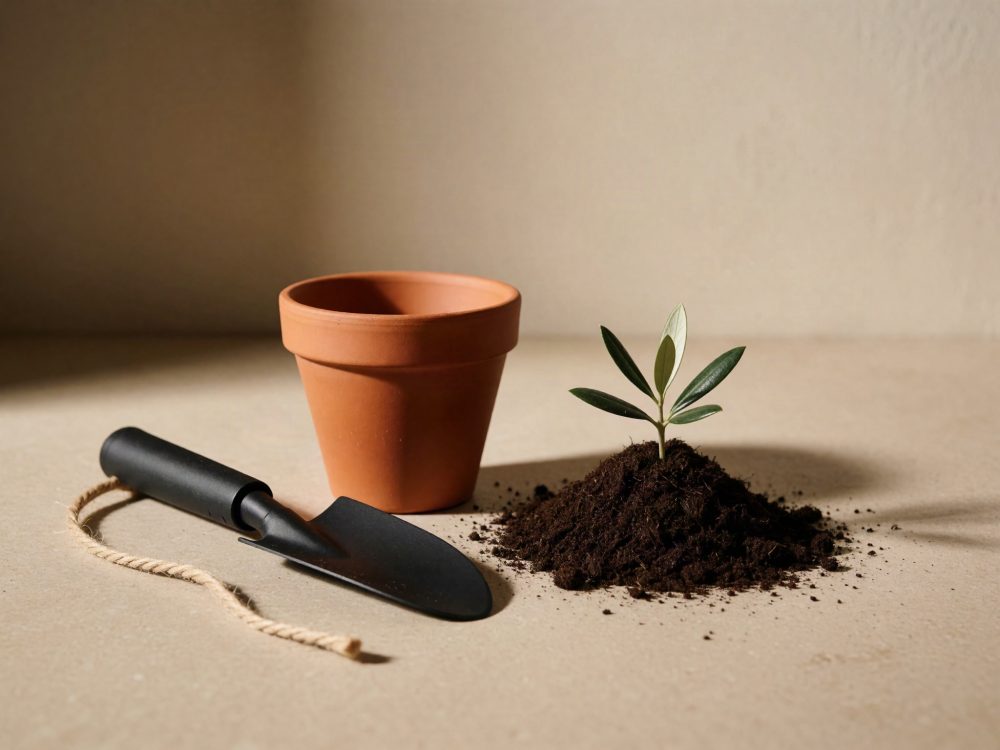 Vaso de barro, pá preta de transplante e muda em terra para jardinagem
