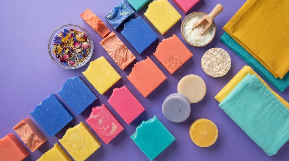 Sabonetes coloridos artesanais com ingredientes naturais e tecidos sobre fundo lilás