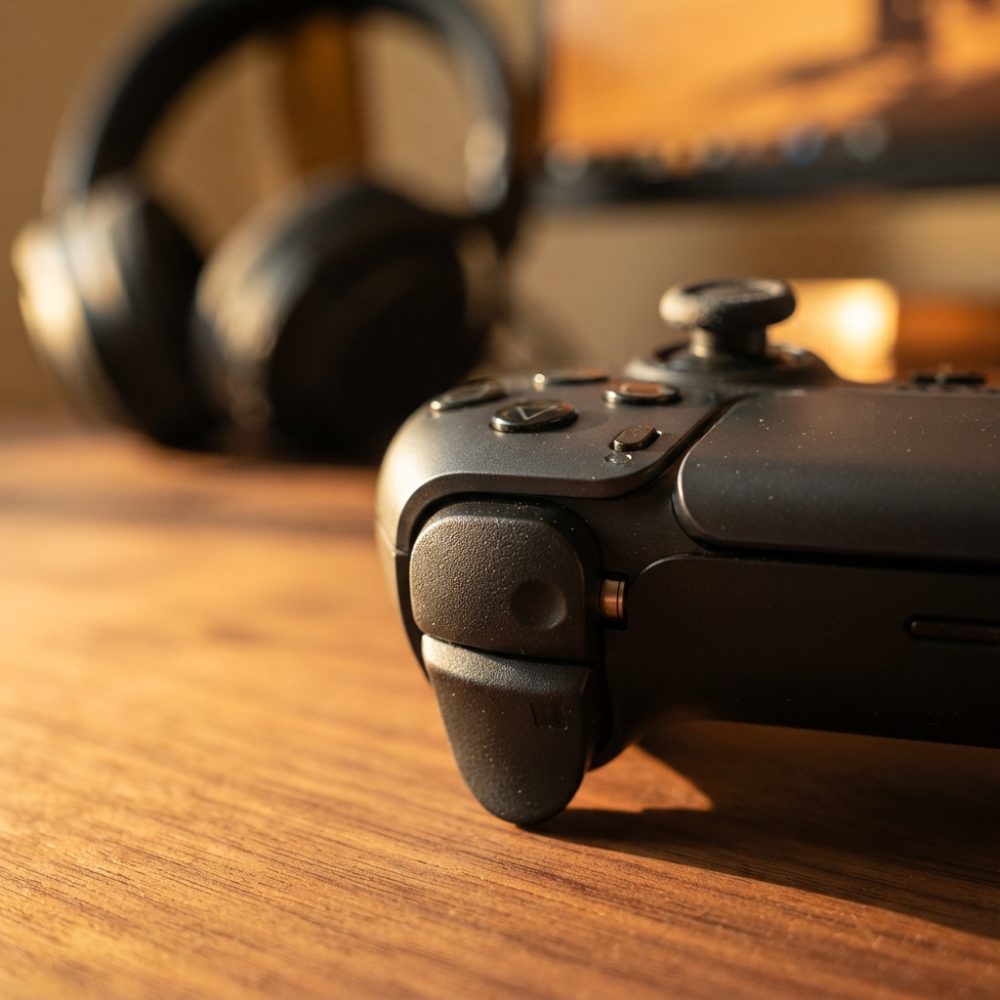 Comando de jogo preto em foco com auscultadores pretos ao fundo sobre mesa de madeira