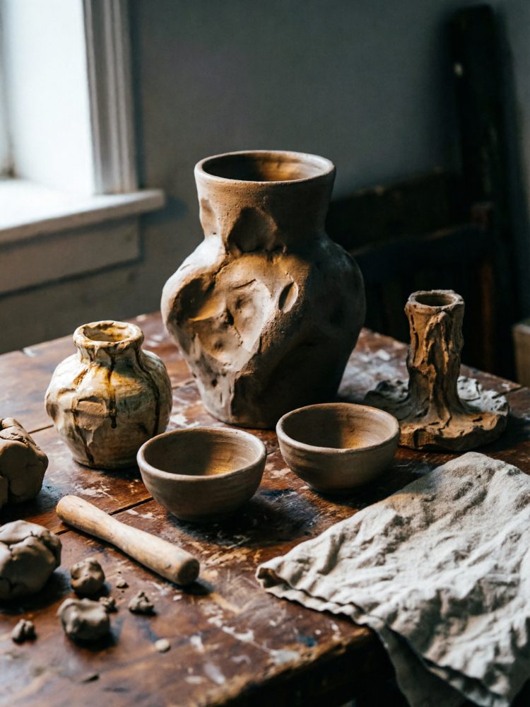 Peças de cerâmica artesanal rústica numa mesa de madeira próxima a uma janela