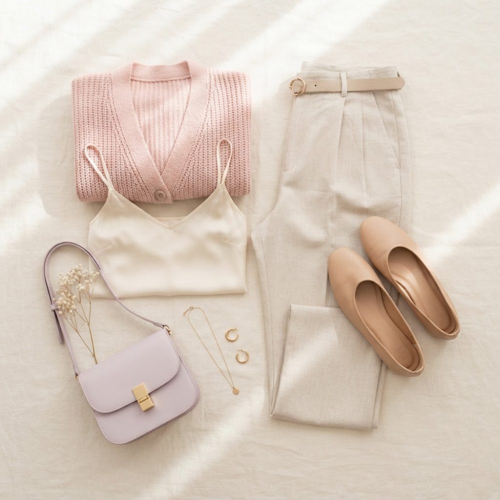 Conjunto de roupa feminina com casaco rosa, top creme, calças bege, sapatilhas, mala lavanda e bijutaria dourada