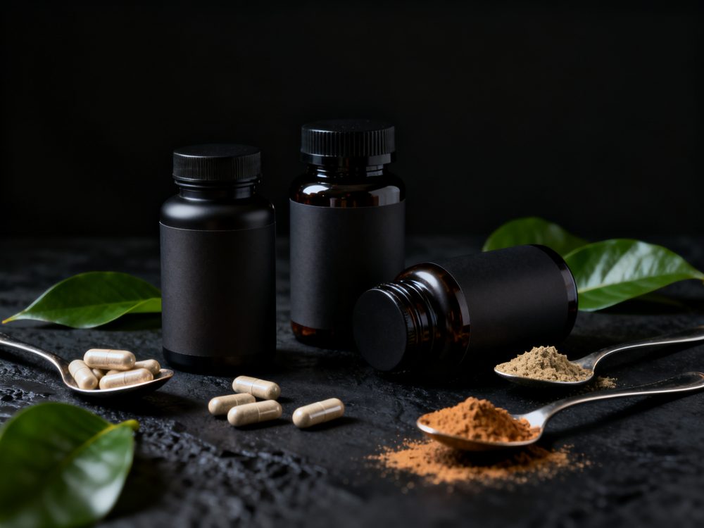 Frascos pretos com cápsulas e pós naturais em colheres metálicas sobre fundo escuro com folhas verdes