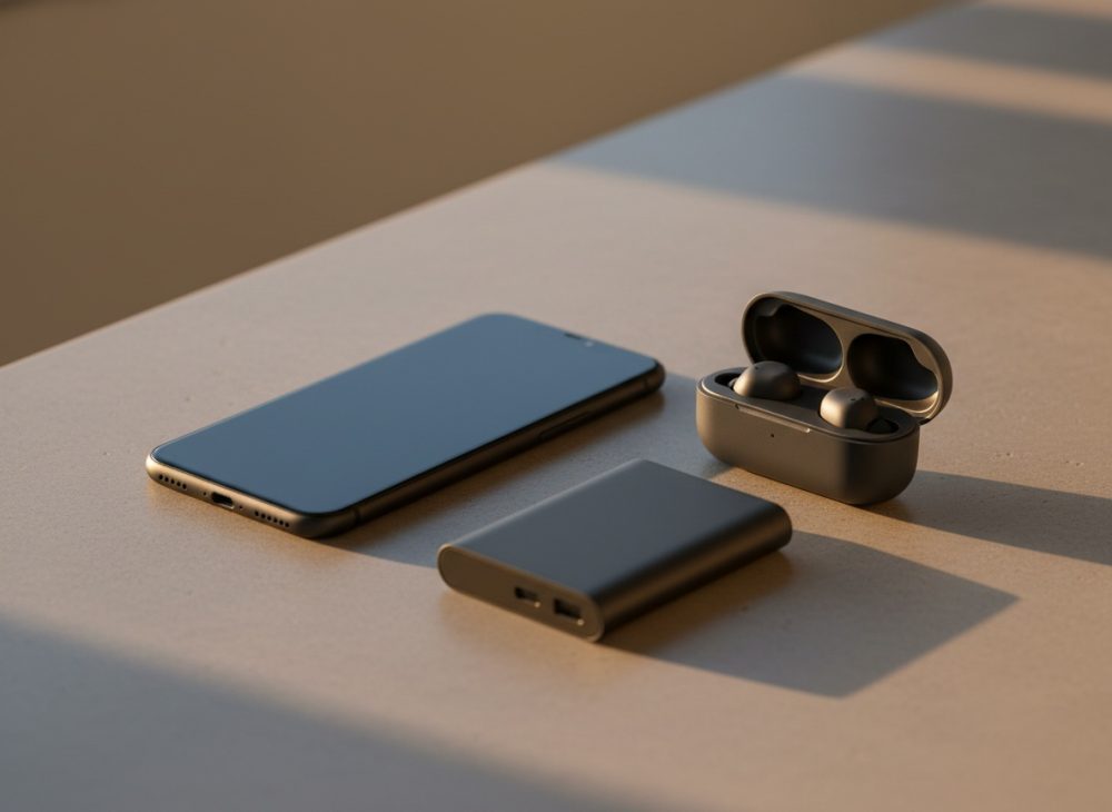 Telemóvel, power bank e auscultadores sem fios cinza escuro dispostos sobre superfície clara