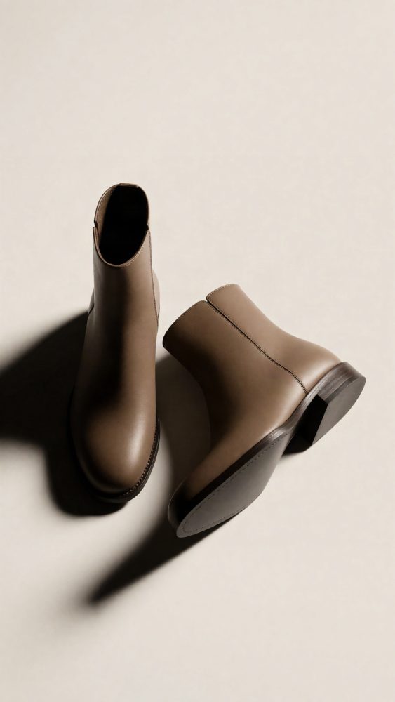 Botas de cano curto em pele bege com sola castanha sobre fundo claro