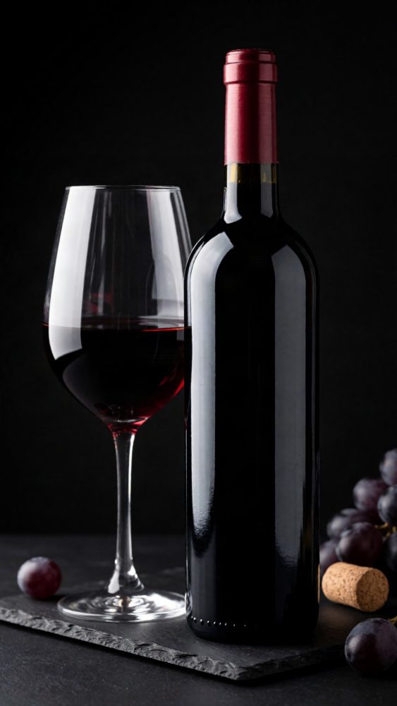Garrafa de vinho tinto com copo cheio, uvas e rolha sobre superfície escura