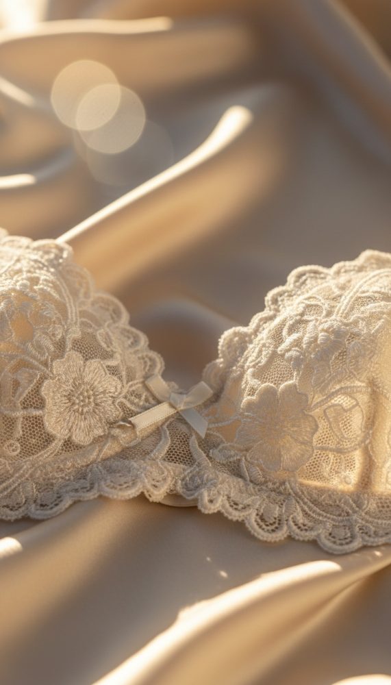 Sutiã bege em renda com detalhes florais sobre tecido acetinado branco