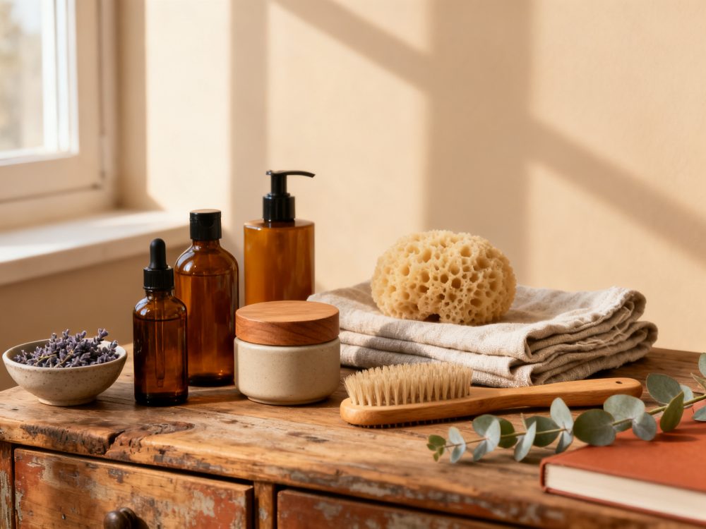Produtos naturais de beleza com vidro âmbar, escova de madeira e esponja sobre móvel rústico