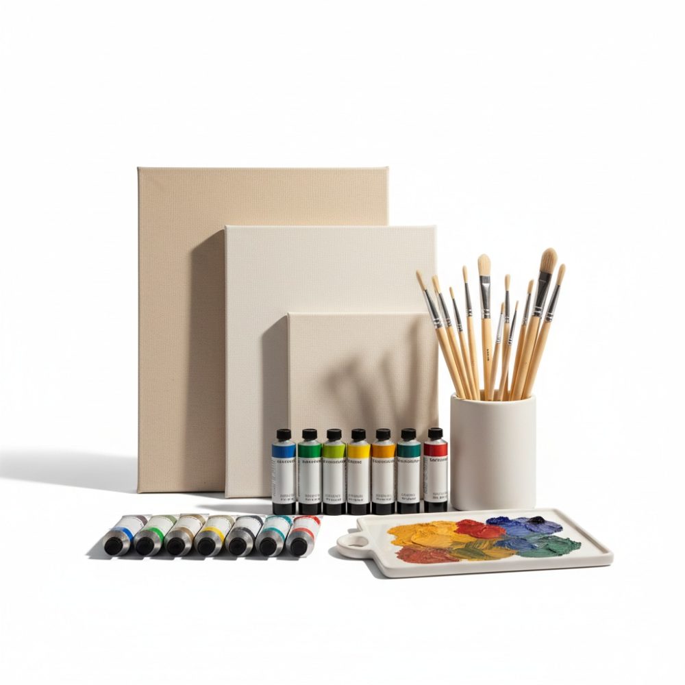 Conjunto de pintura com telas, pincéis em copo, tubos de tinta e paleta colorida