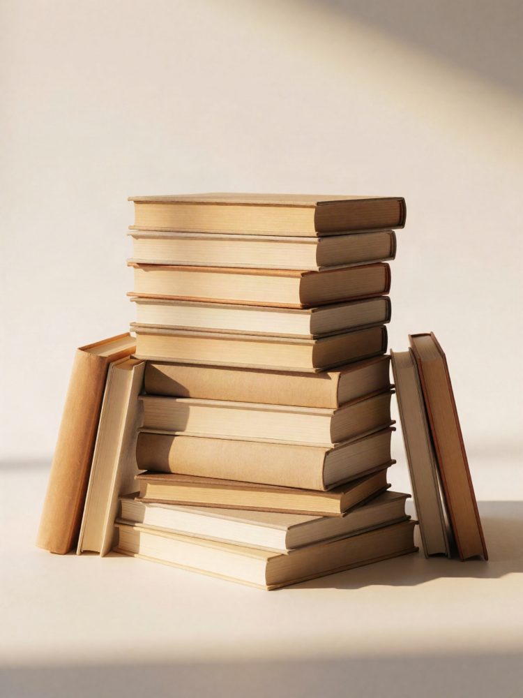 Livros com capas bege e castanhas empilhados com iluminação suave sobre fundo claro
