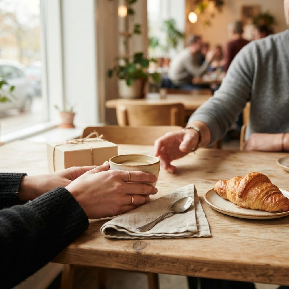 Duas pessoas à mesa com café e croissant num café acolhedor com luz natural