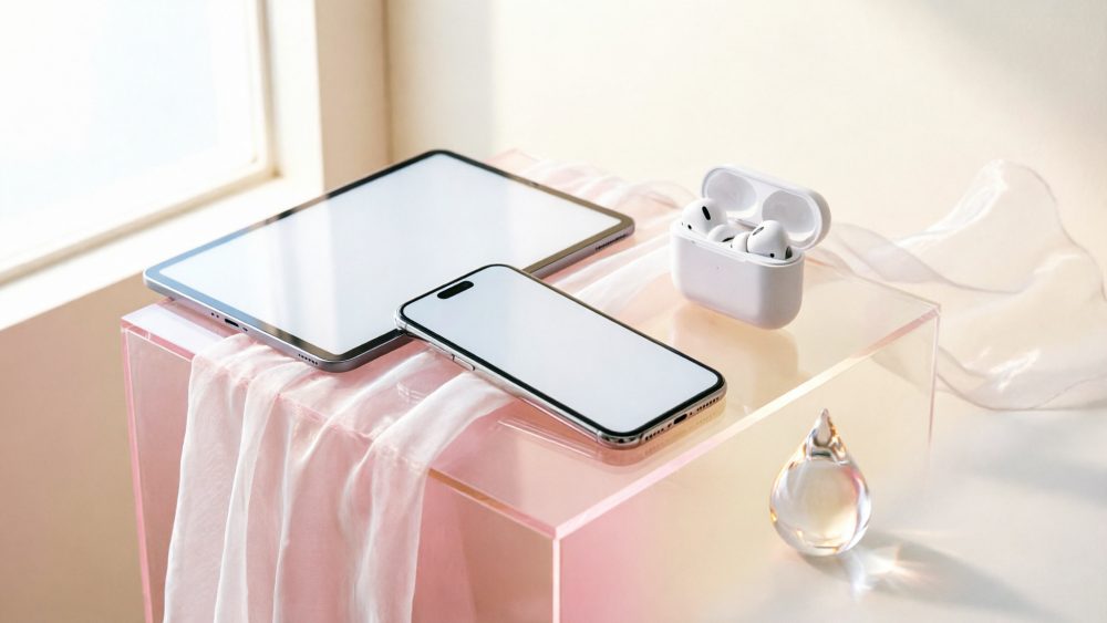 Tablet, smartphone e auscultadores sem fios em suporte acrílico rosa com tecido translúcido e luz natural