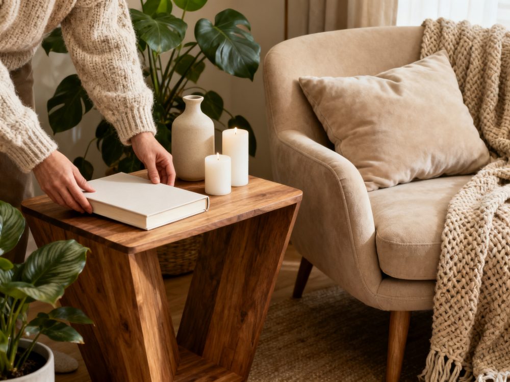 Poltrona bege com almofada e manta ao lado de mesa de madeira com velas, vaso e livro, plantas ao fundo