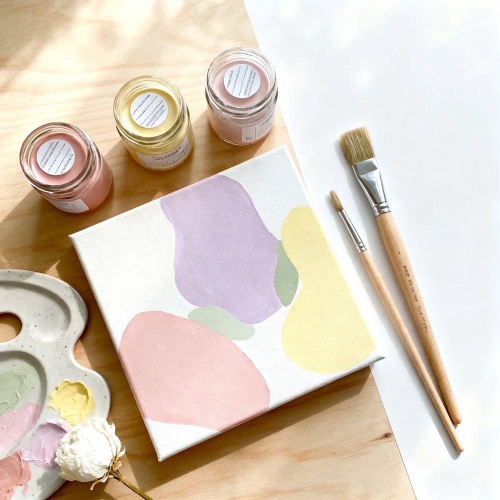 Material artístico com tintas em frascos, pincéis, paleta e pintura em tela de cores pastéis