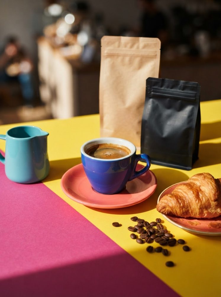 Chávena de café azul com croissant, sacos de café e grãos sobre mesa amarela e rosa