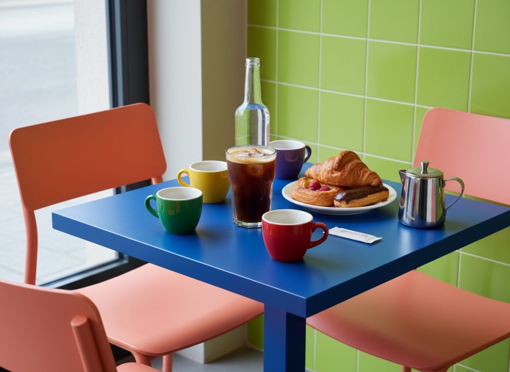 Mesa azul com chávenas coloridas, pastelaria e bebida gelada em café com cadeiras cor de salmão