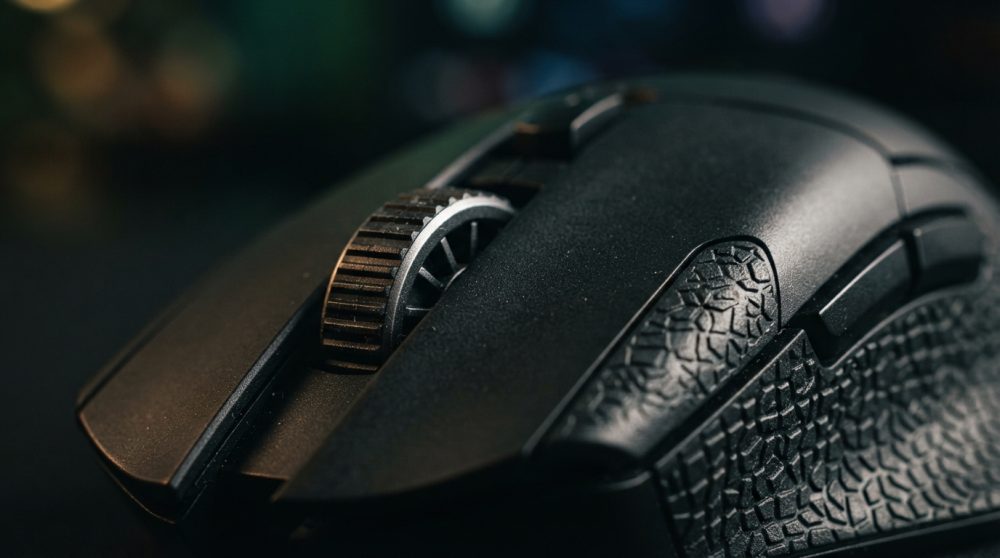 Rato gaming preto com roda de scroll e superfície texturizada