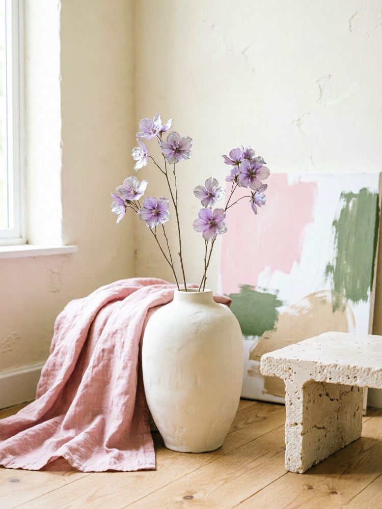 Vaso branco com flores lilases secas, manta rosa e banco rústico num piso de madeira claro