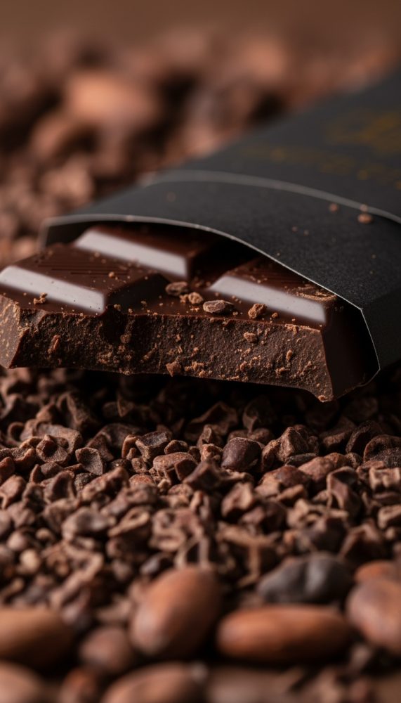 Barra de chocolate negro meio exposta sobre grãos de cacau inteiros e picados