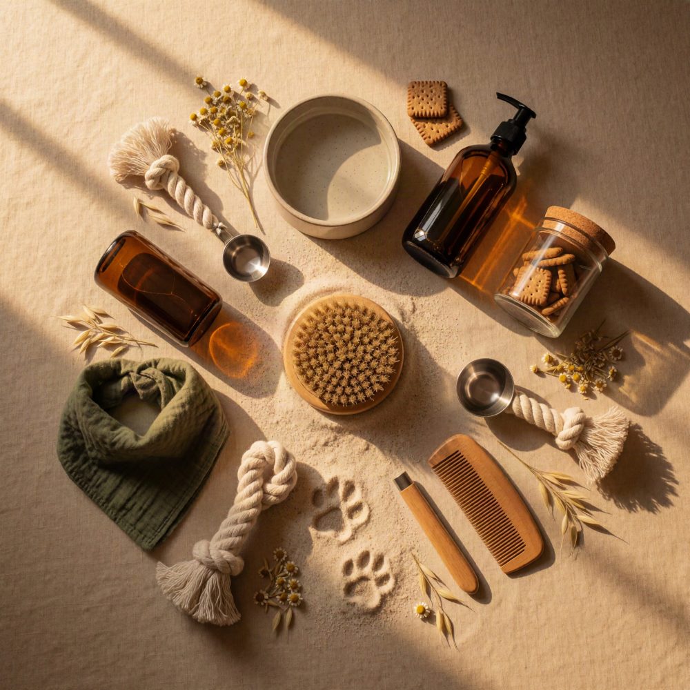 Conjunto de acessórios naturais para cuidados de animais com escova, brinquedos, tigela e biscoitos