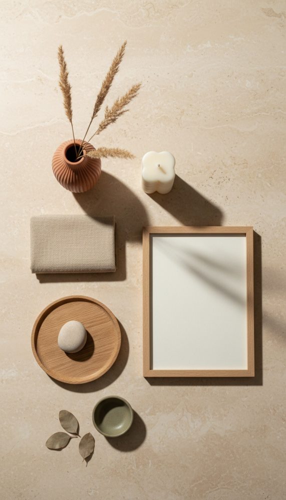 Conjunto decorativo minimalista com moldura, vaso terracota, vela branca e elementos naturais sobre pedra clara