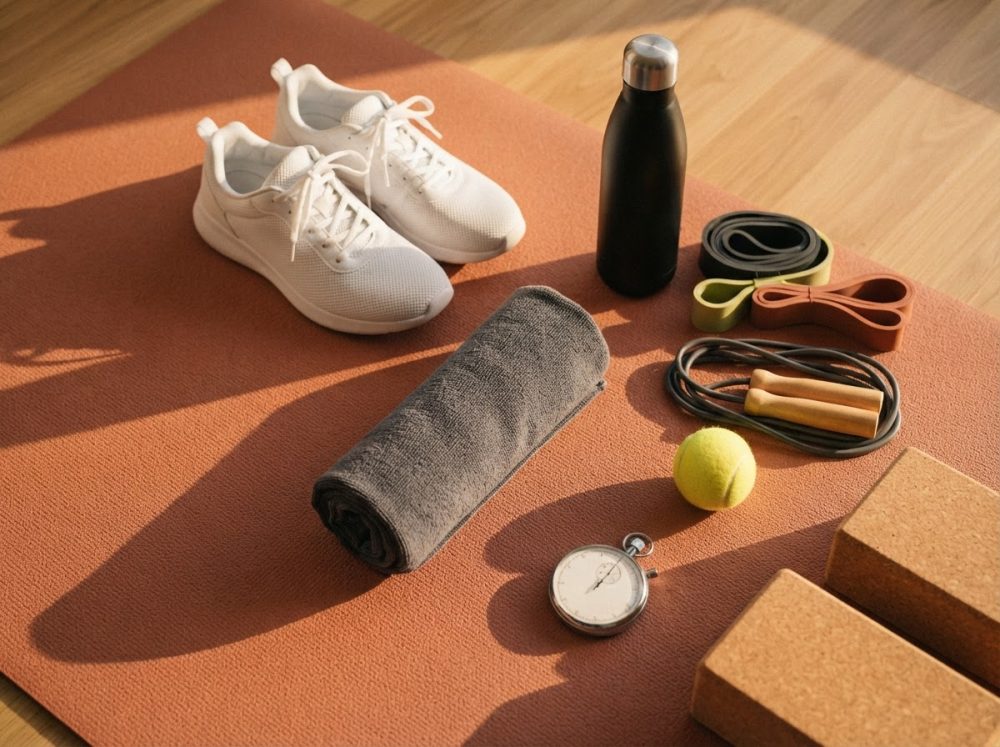 Equipamento de treino desportivo com ténis brancos, garrafa, elásticos, corda e blocos de yoga sobre tapete laranja