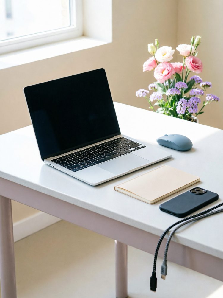 Mesa branca com laptop, rato, smartphone, bloco de notas e flores ao lado de janela