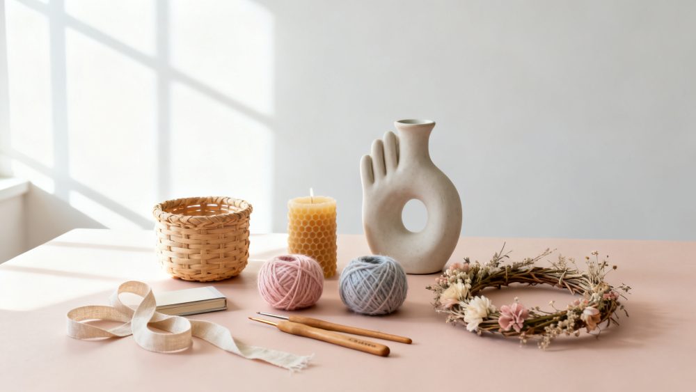 Materiais artesanais com novelos de lã, vela de mel, cesta de vime, vaso decorativo e coroa de flores secas
