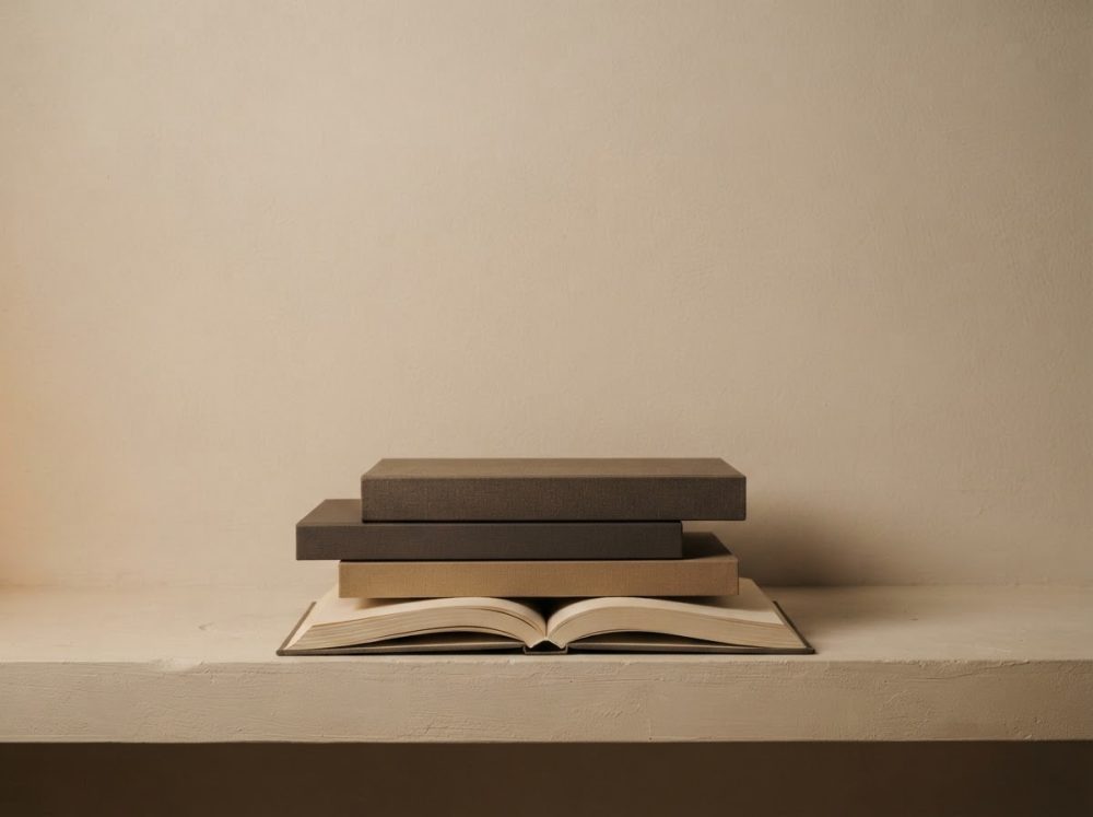 Livros empilhados em tons terrosos sobre livro aberto numa superfície neutra