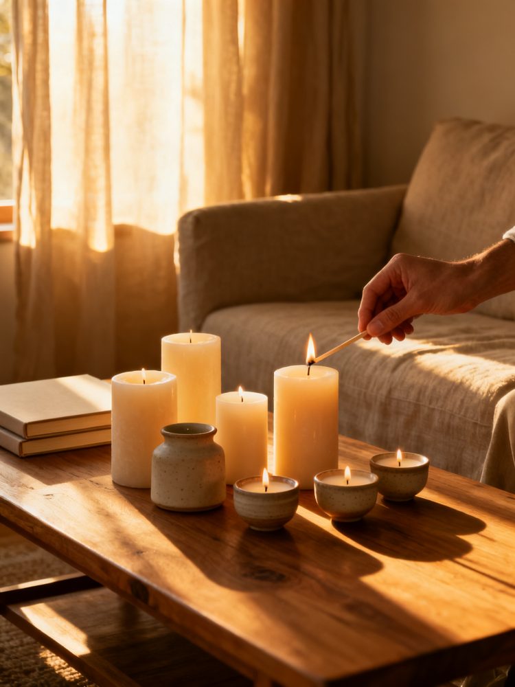 Mãos a acender várias velas creme em diferentes tamanhos numa mesa de madeira com sofá ao fundo