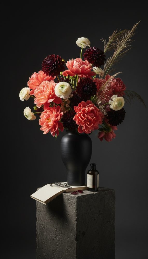 Arranjo de flores cor-de-rosa, brancas e roxas em vaso preto sobre pedestal cinzento escuro