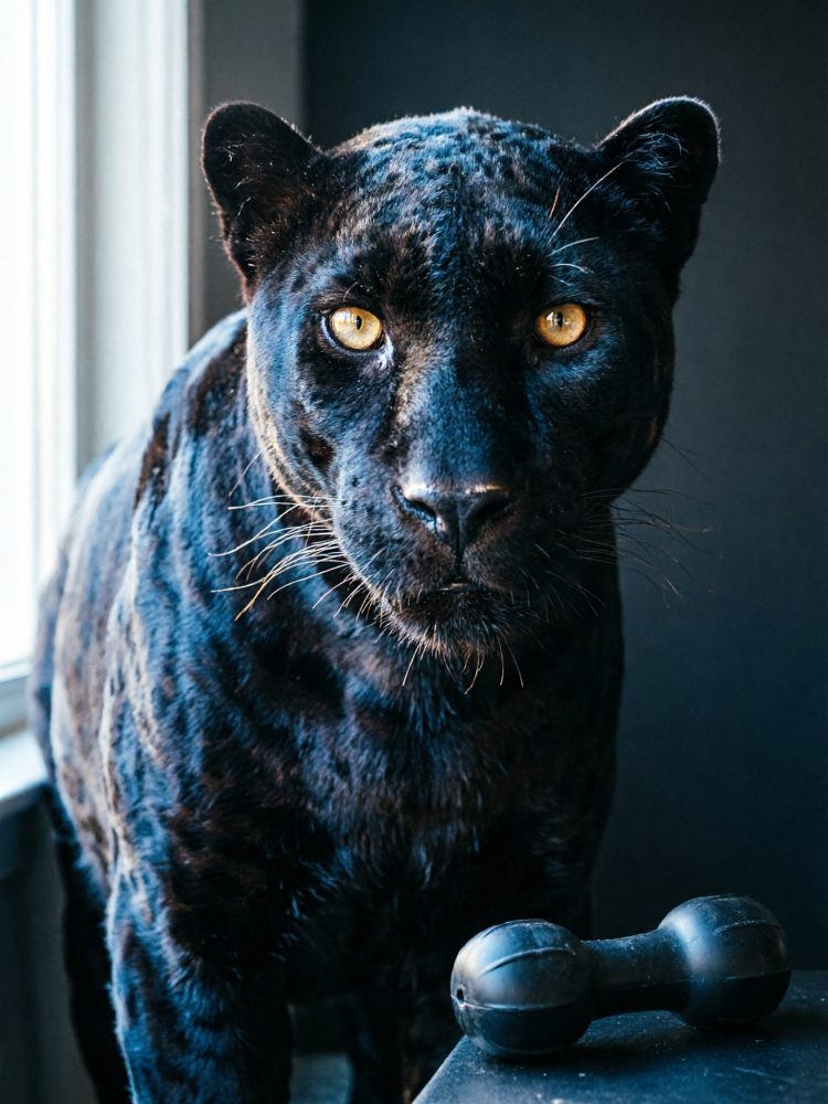 Pantera negra com olhos dourados intensa junto a haltere preto num ambiente interior