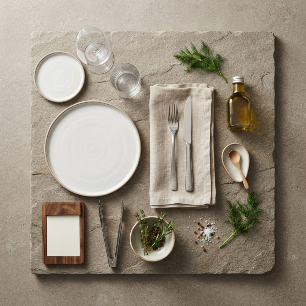 Mesa preparada com pratos, talheres, copos, ervas frescas, azeite e guardanapo sobre superfície rústica