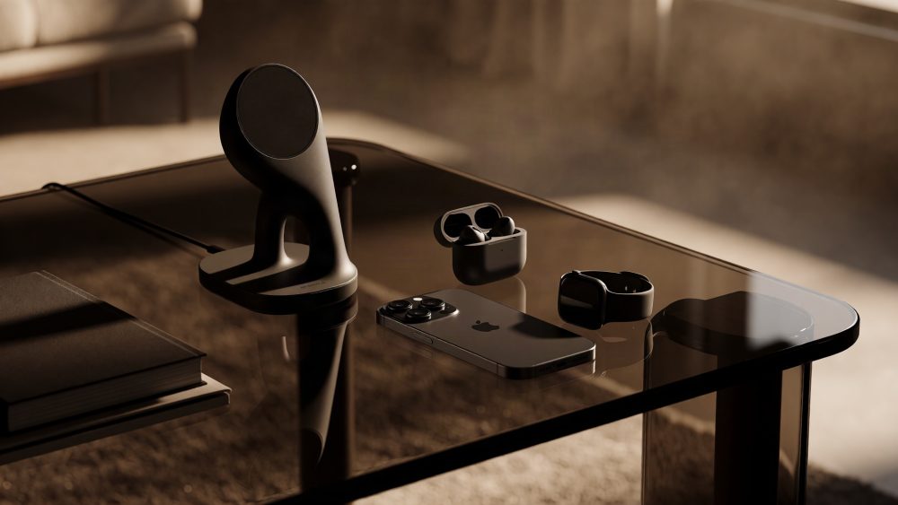 Smartphone, smartwatch, auriculares e carregador sobre mesa de vidro num ambiente moderno