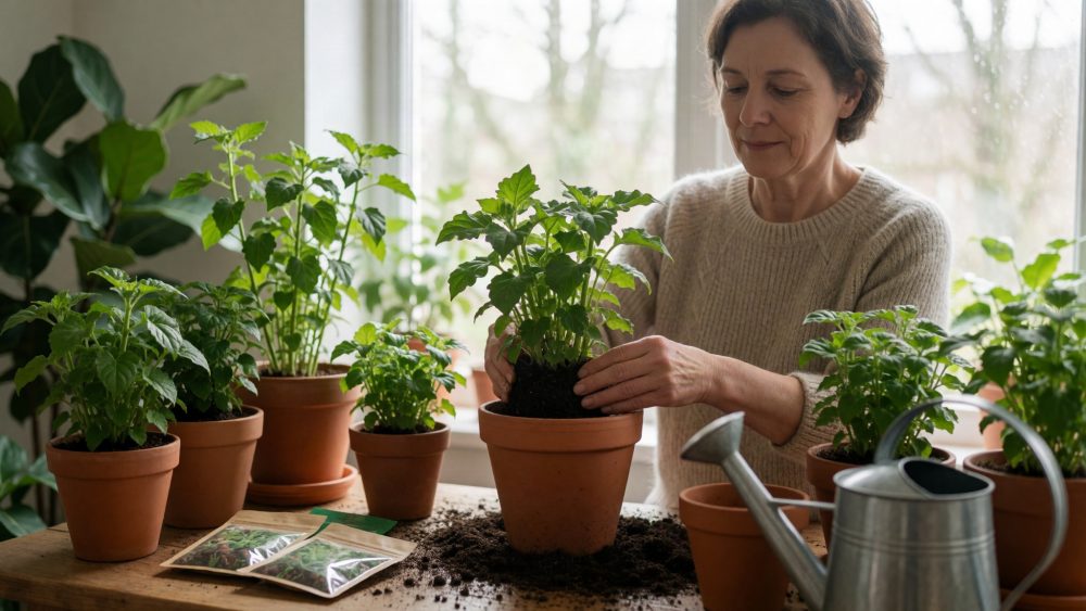 Mulher a transplantar planta num vaso de barro com vasos verdes e regador sobre mesa