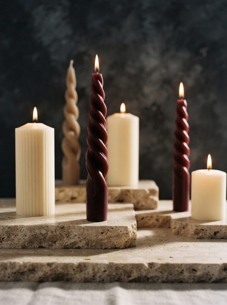 Velas acesas retorcidas vermelhas e cilíndricas creme em bases de pedra natural sobre mesa clara