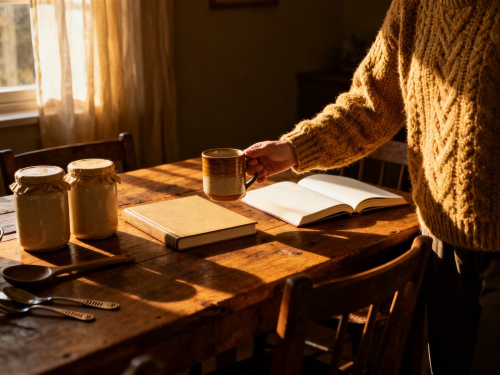Mesa rústica com livros, frascos e mão segurando caneca em ambiente iluminado naturalmente