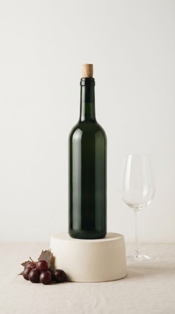 Garrafa de vinho verde com rolha, copo de vinho vazio e cachos de uvas roxas sobre suporte claro