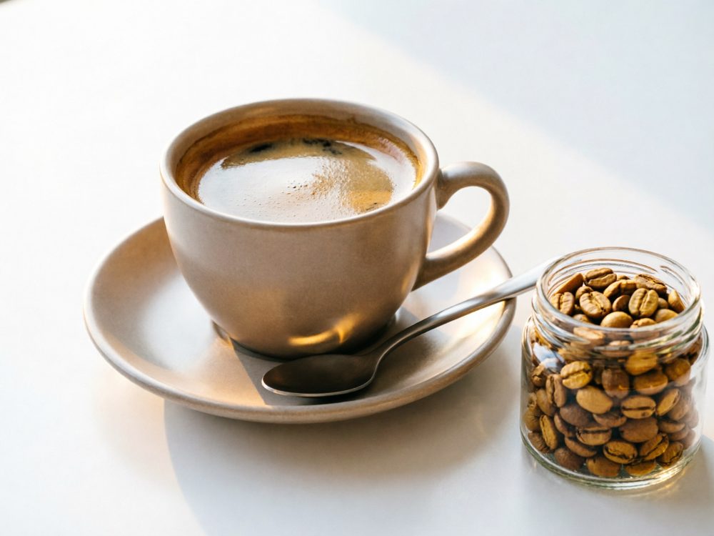Chávena beige com café e frasco de vidro com grãos de café sobre superfície clara