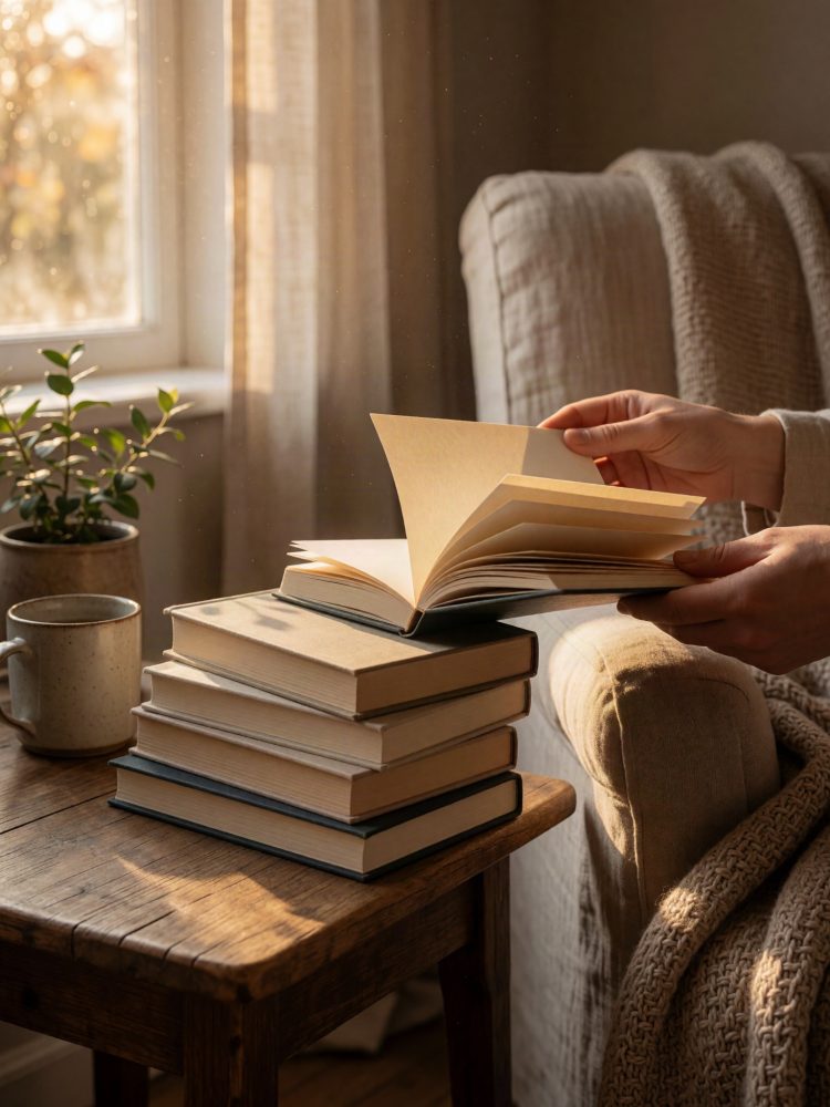 Mãos a folhear livro junto a pilha de livros sobre mesa de madeira ao lado de sofá acolhedor e luz natural.