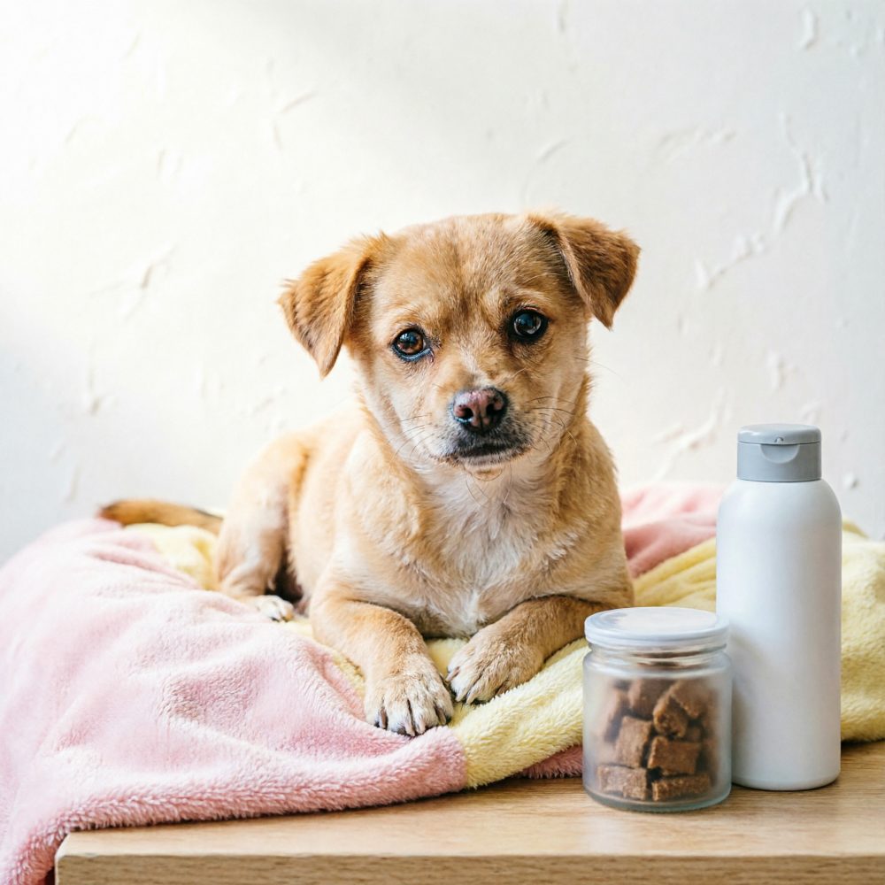 Cão castanho pequeno deitado sobre manta rosa com frascos de petiscos e shampoo ao lado