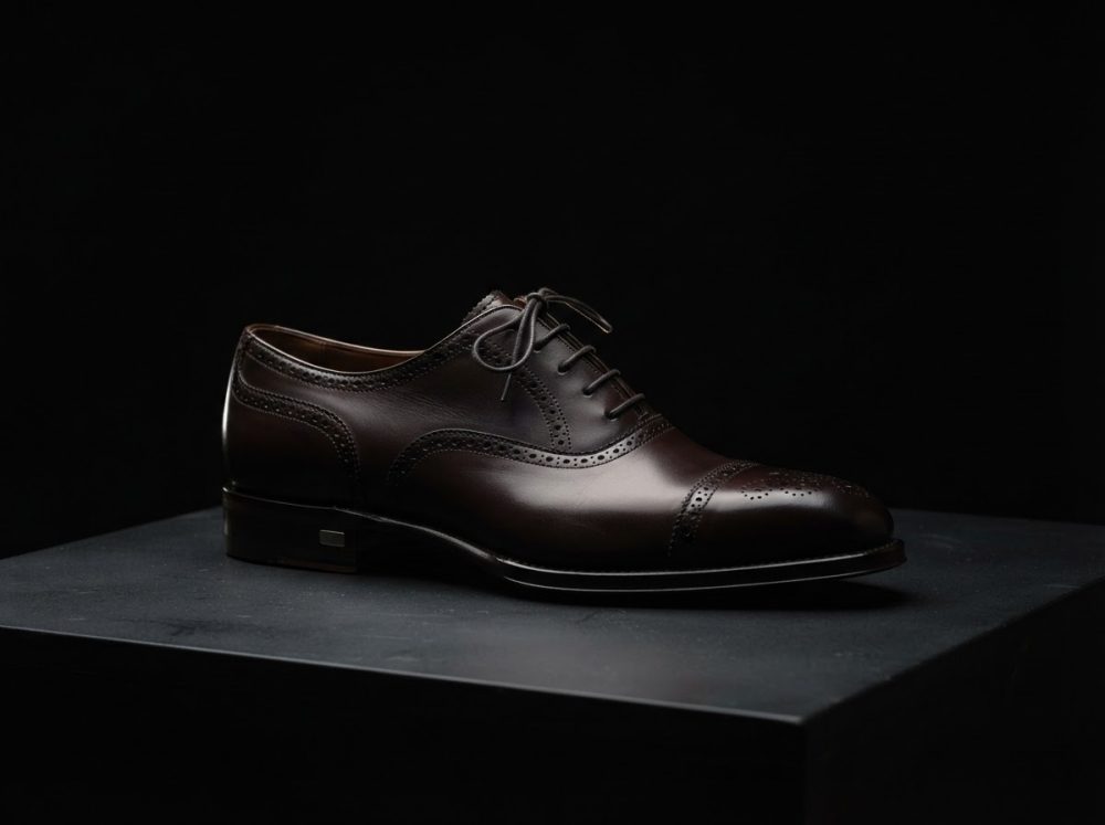 Sapato masculino castanho escuro com cadarços e detalhes perfurados sobre base escura