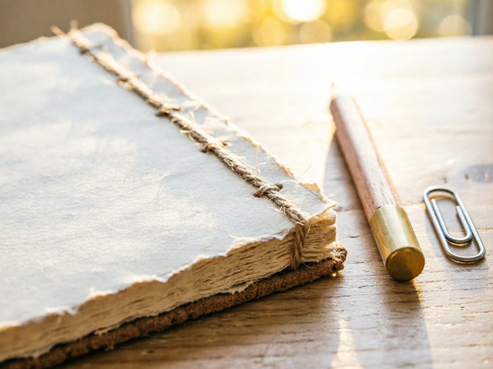 Caderno artesanal de papel reciclado, caneta de madeira e clipe metálico em madeira clara