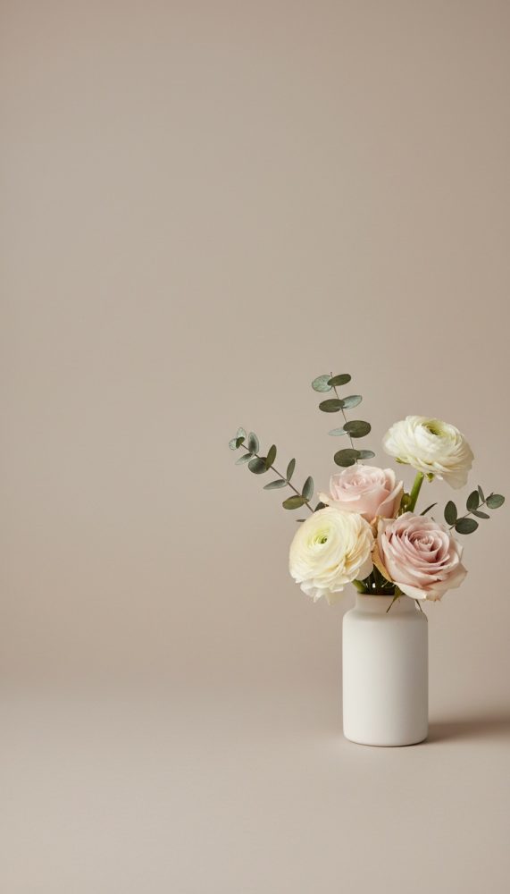 Arranjo com rosas cor-de-rosa, ranúnculos brancos e folhas de eucalipto num vaso branco sobre fundo neutro