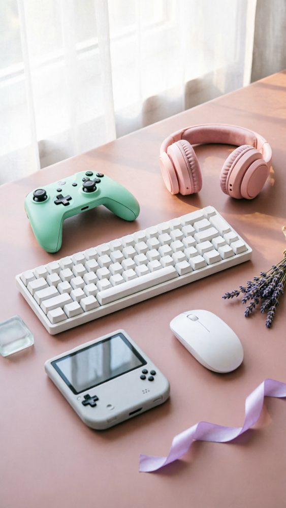 Acessórios gaming coloridos sobre mesa rosa com luz suave, incluindo comando, teclado, rato, auscultadores e consola portátil