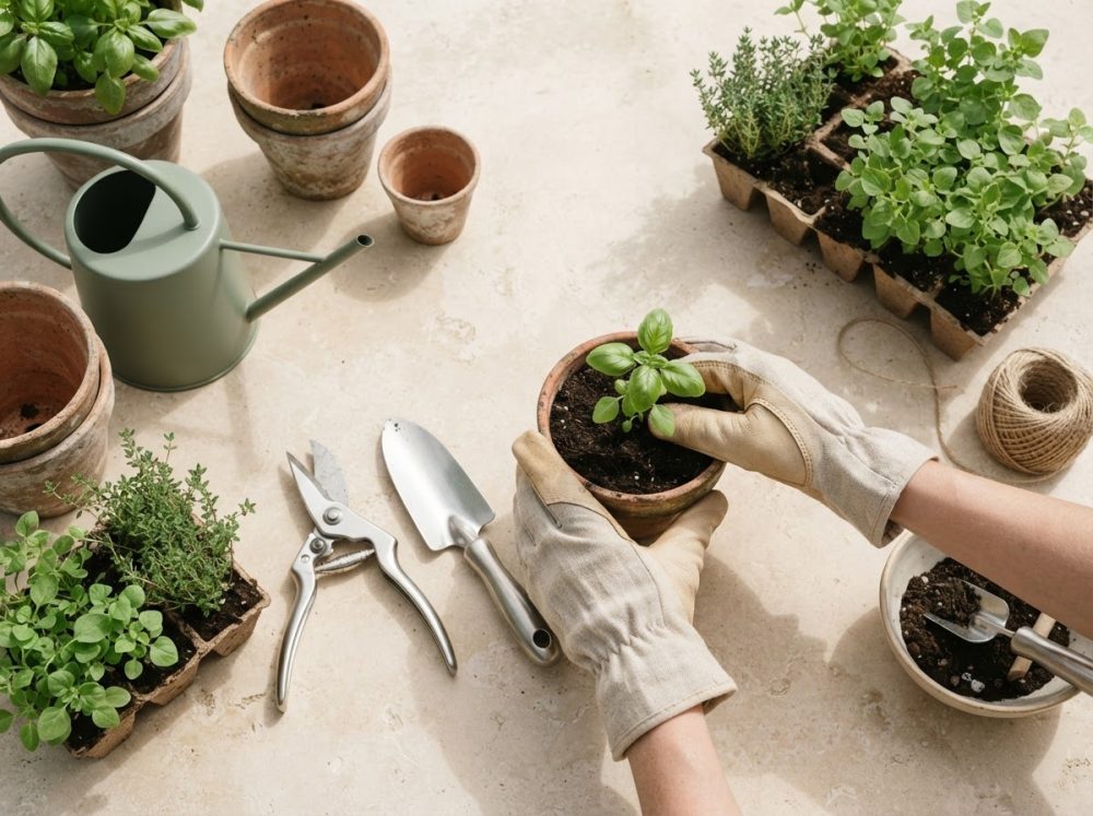 Mãos com luvas a plantar erva aromática num vaso de barro com ferramentas e plantas ao redor